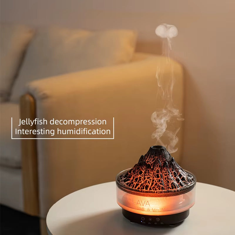 Colorful Lights Volcano Lava Air Humidifier Aromatherapy Essential Oils Diffuser Remote Control Jellyfish Smoke Ring Flame